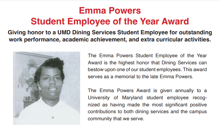 black and white photo of Emma Dory Powers alongside a description of the dining services award given in her honor