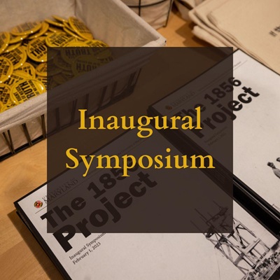 Inaugural Symposium text overlaid on an image of items from the event