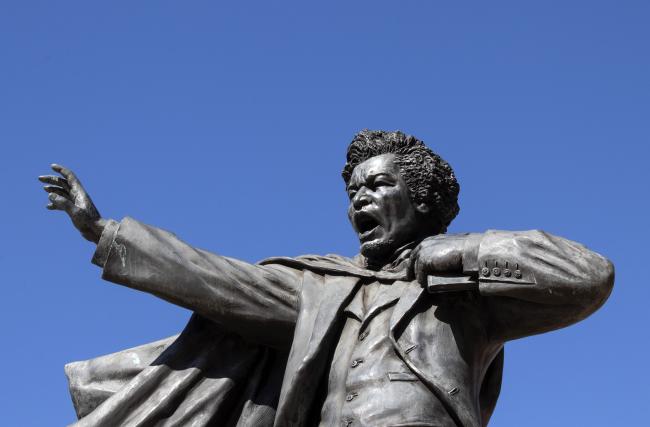 close up of Frederick Douglass statue in front of Hornbake Library on the UMCP campus