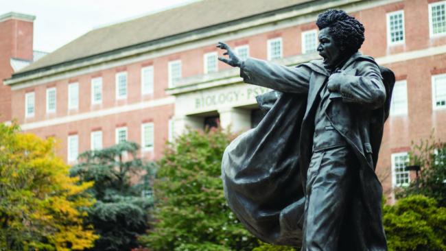 Frederick Douglass statue in front of Hornbake Library on the UMCP campus