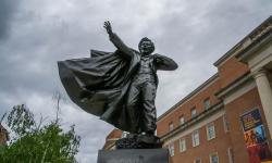 worm's eye view of the Frederick Douglass statue in front of Hornbake Library on UMD's College Park campus