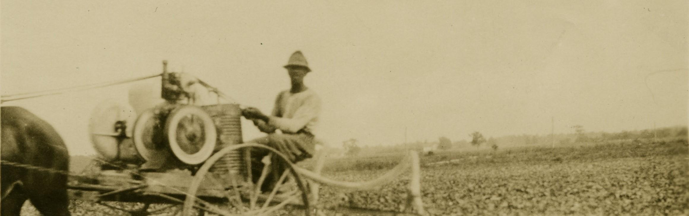 Black man sat atop a horse-drawn cart spraying fields