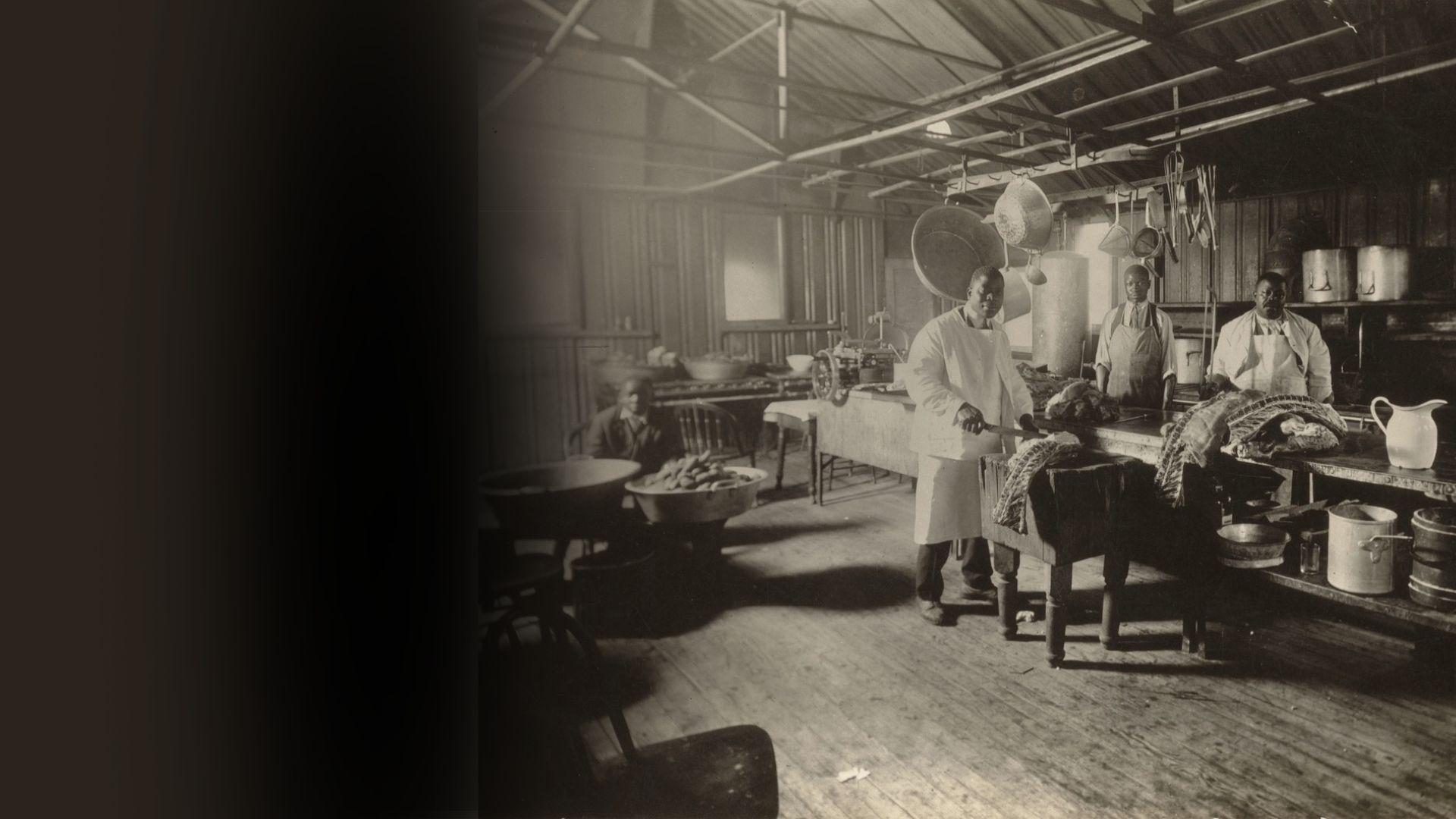 Bill Dory, Ferdinand Hughes, Spencer Dory, & Charlie Dory in the kitchen c. 1912