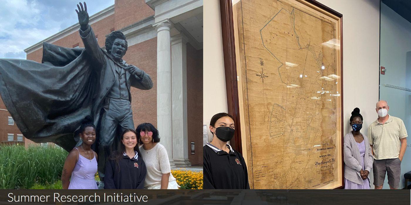 2022 SRI scholars and faculty mentors pose in front of Frederick Douglass statue & historical map of Riversdale