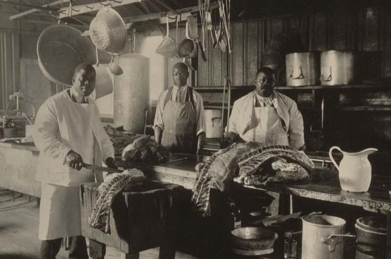 Black and white photograph of Charlie Dory and kitchen staff, Maryland Agricultural College, c. 1912; (left to right: Bill Dory; Ferdinand Hughes; Spencer Dory; Charlie Dory).